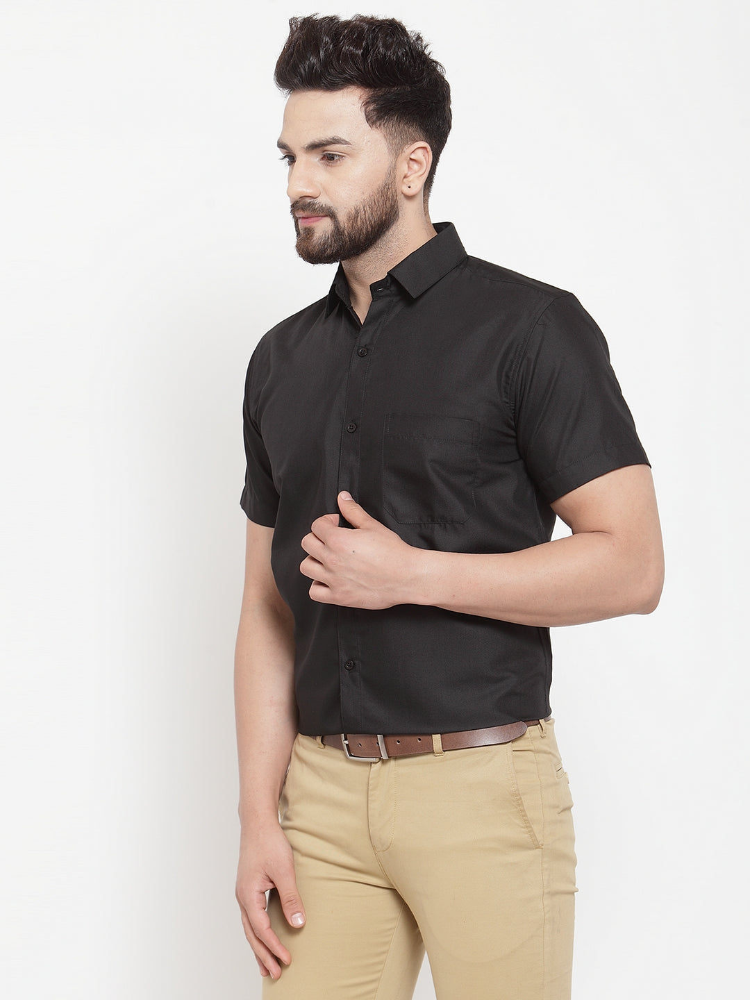 Men's Black Cotton Half Sleeves Solid Formal Shirts ( SF 754Black ) - Jainish