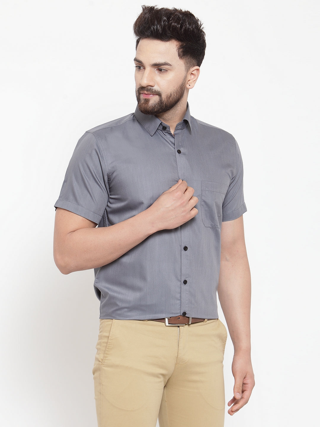 Men's Grey Cotton Half Sleeves Solid Formal Shirts ( SF 754Grey ) - Jainish