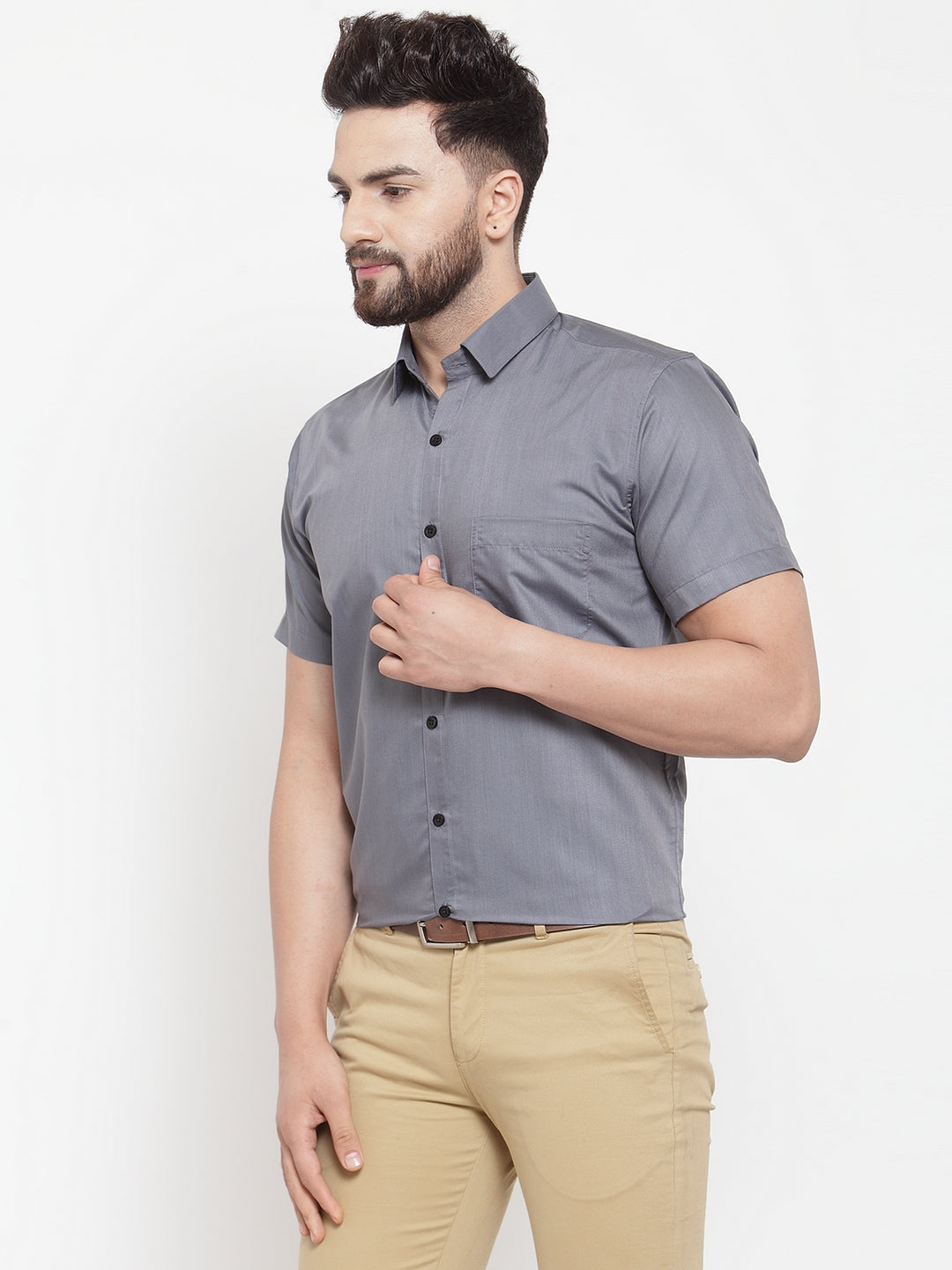 Men's Grey Cotton Half Sleeves Solid Formal Shirts ( SF 754Grey ) - Jainish