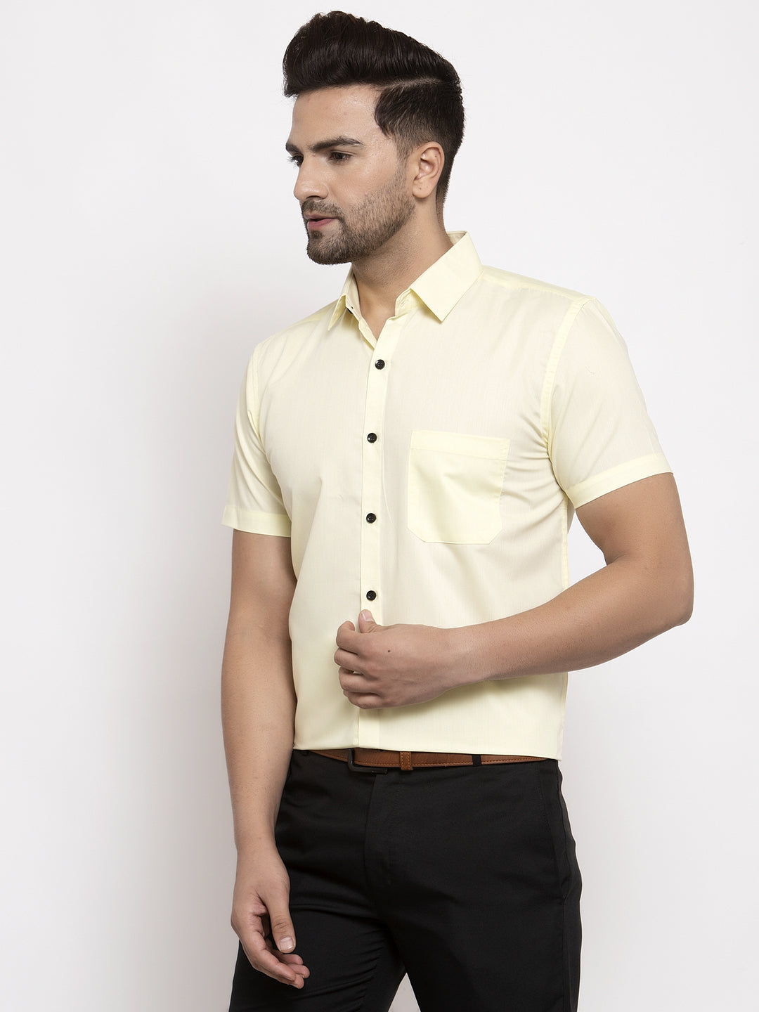 Men's Yellow Cotton Half Sleeves Solid Formal Shirts ( SF 754Lime ) - Jainish