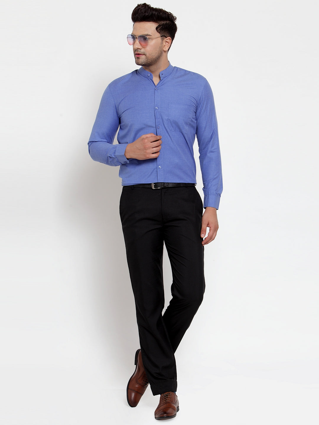 Men's Blue Cotton Solid Mandarin Collar Formal Shirts ( SF 757Blue ) - Jainish