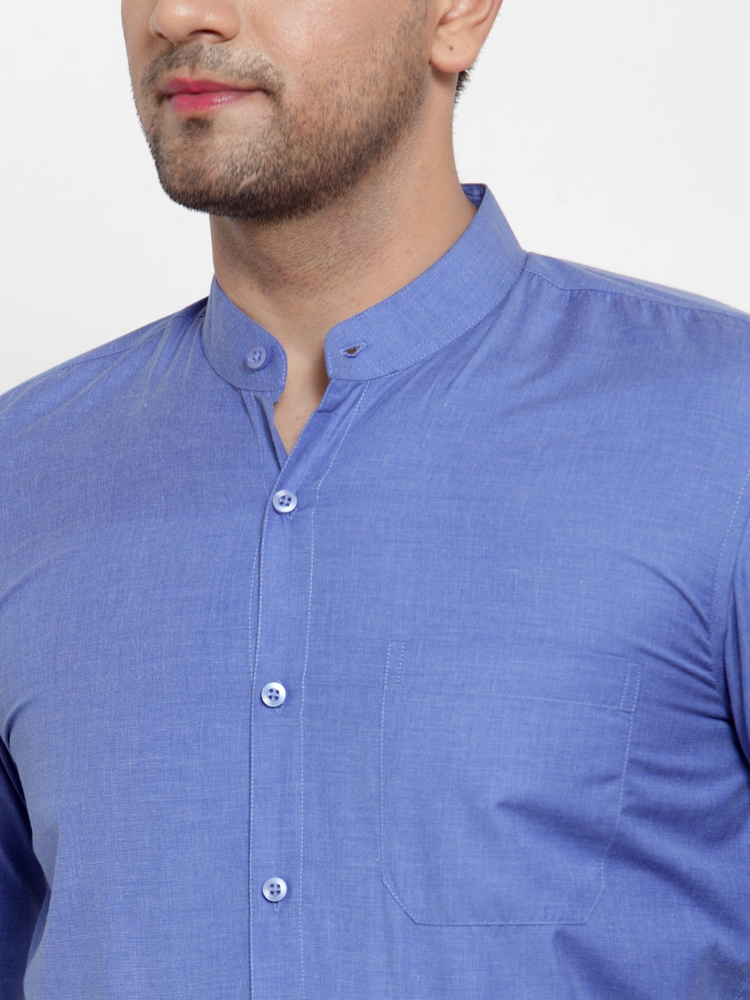 Men's Blue Cotton Solid Mandarin Collar Formal Shirts ( SF 757Blue ) - Jainish
