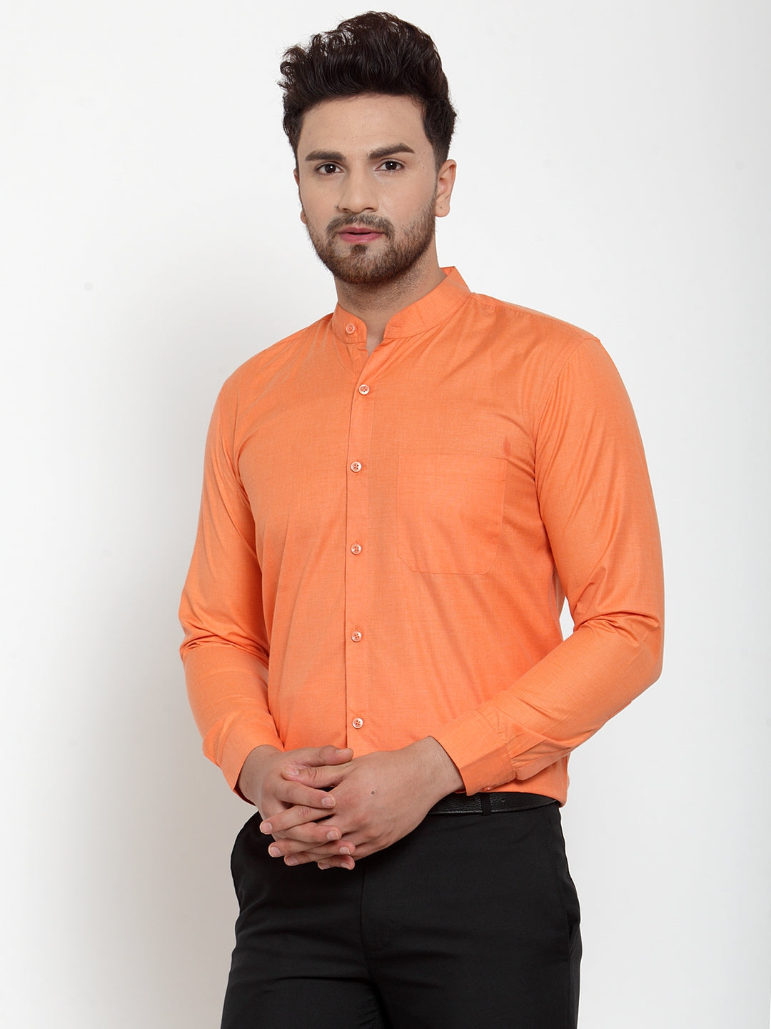 Men's Orange Cotton Solid Mandarin Collar Formal Shirts ( SF 757Orange ) - Jainish