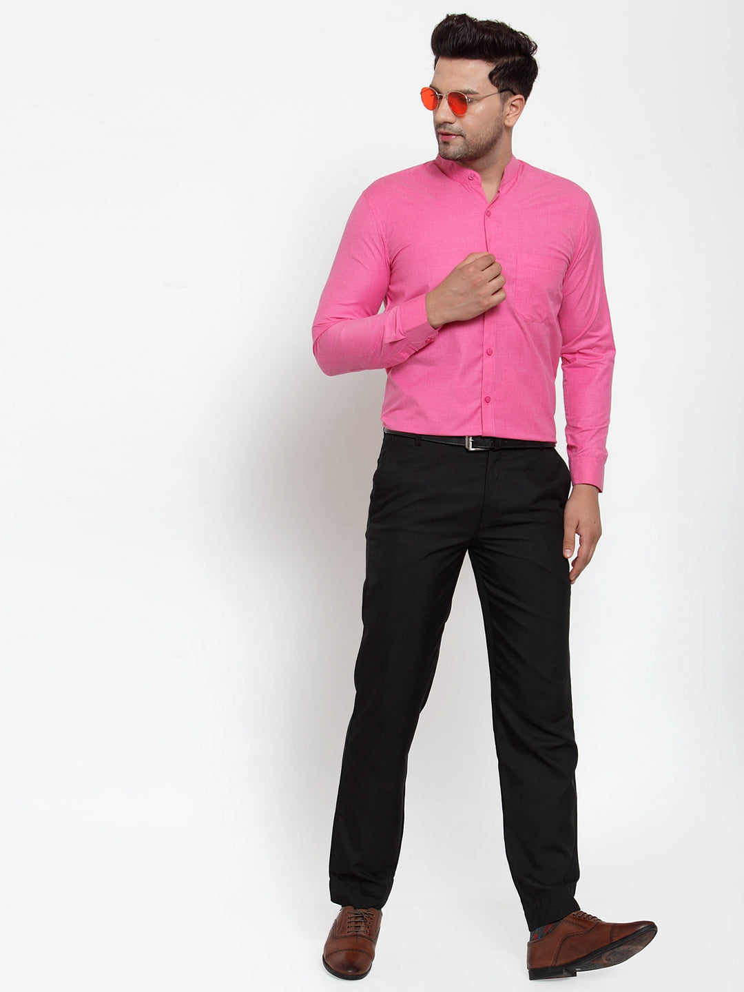 Men's Pink Cotton Solid Mandarin Collar Formal Shirts ( SF 757Pink ) - Jainish