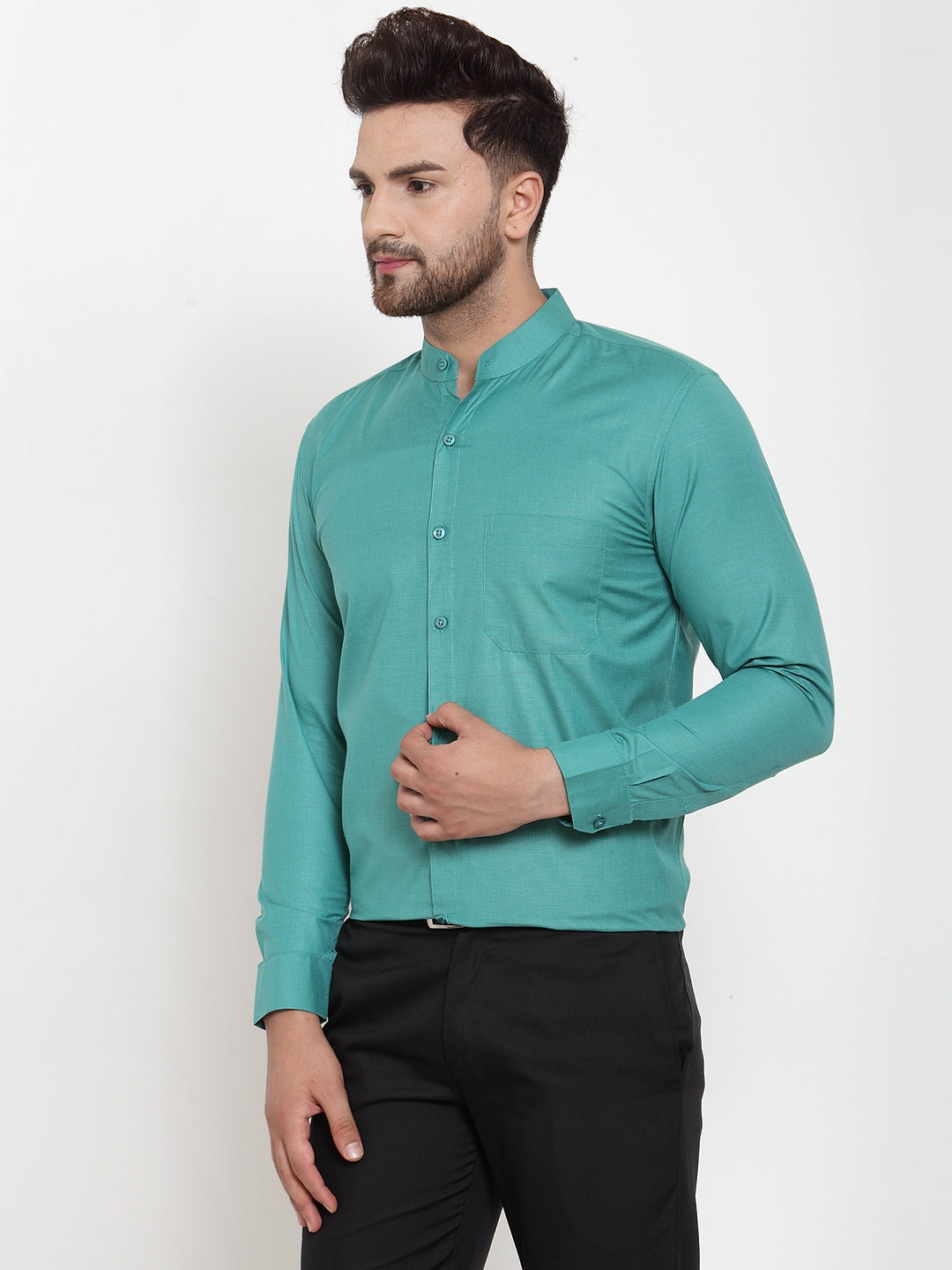 Men's Green Cotton Solid Mandarin Collar Formal Shirts ( SF 757Pista ) - Jainish