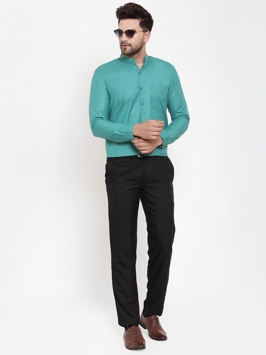 Men's Green Cotton Solid Mandarin Collar Formal Shirts ( SF 757Pista ) - Jainish
