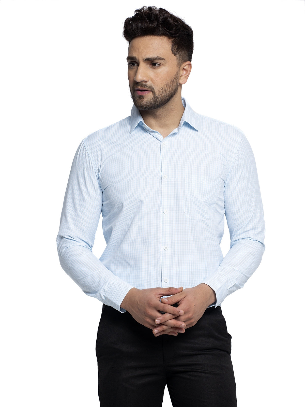 Men's Blue Cotton Checked Formal Shirt's ( SF 758Sky ) - Jainish