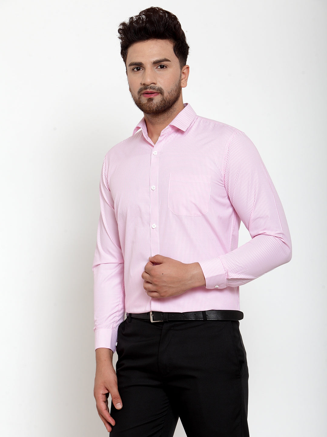 Men's Pink Cotton Striped Formal Shirt's ( SF 759Pink ) - Jainish