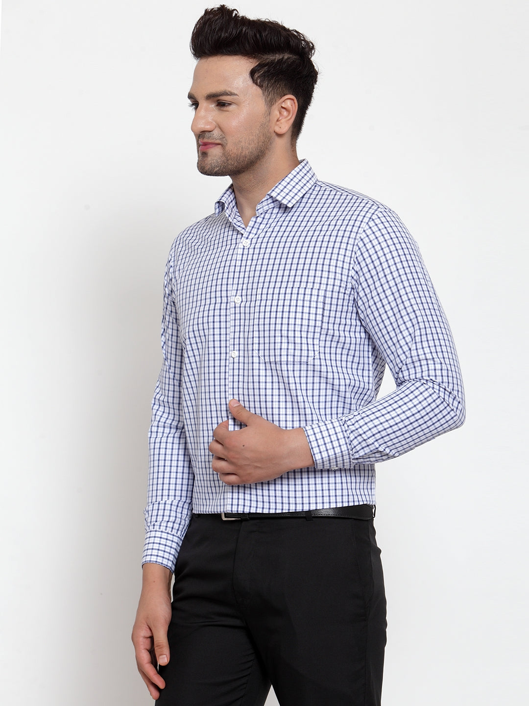 Men's Blue Cotton Checked Formal Shirt's ( SF 760Sky ) - Jainish