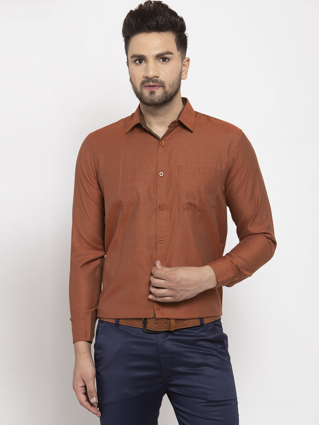 Men's Brown Cotton Polka Dots Formal Shirt's ( SF 761Brown ) - Jainish