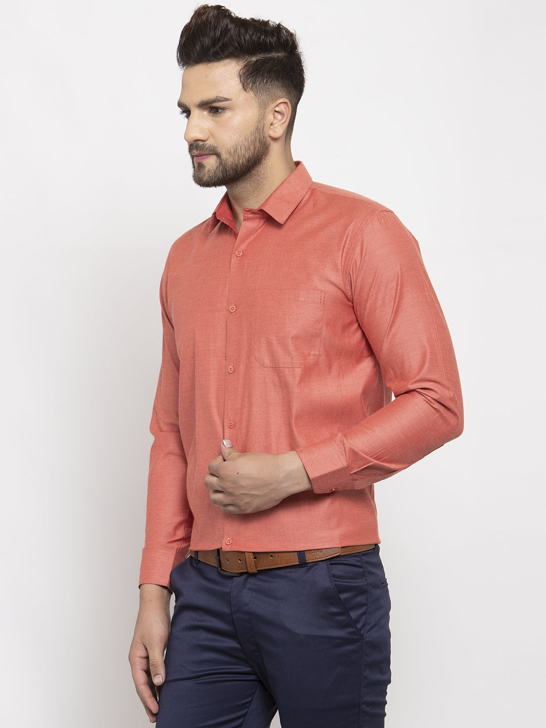 Men's Orange Cotton Polka Dots Formal Shirt's ( SF 761Keshar ) - Jainish