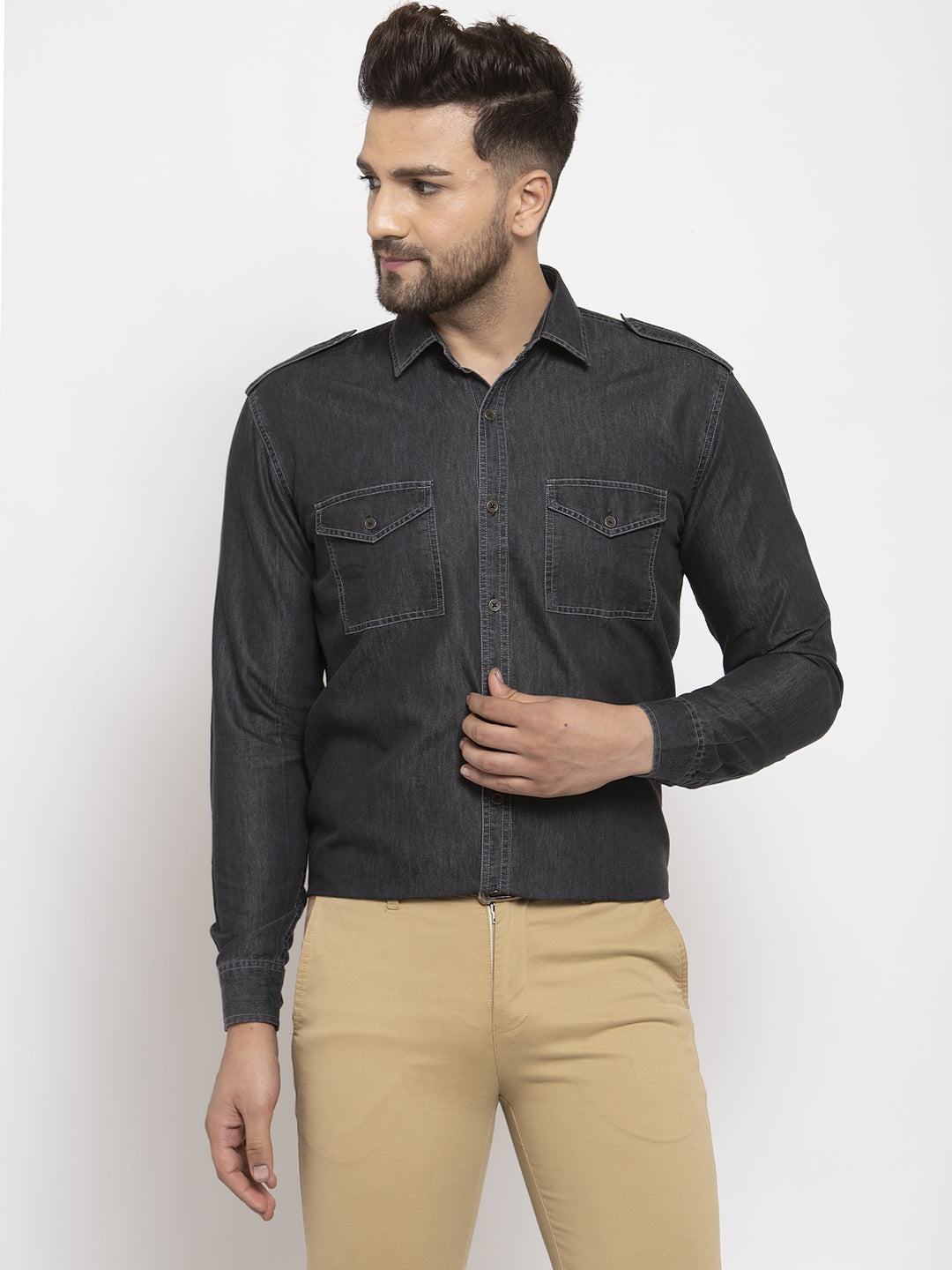 Men's Black Denim Solid Formal Shirt's ( SF 763Black ) - Jainish