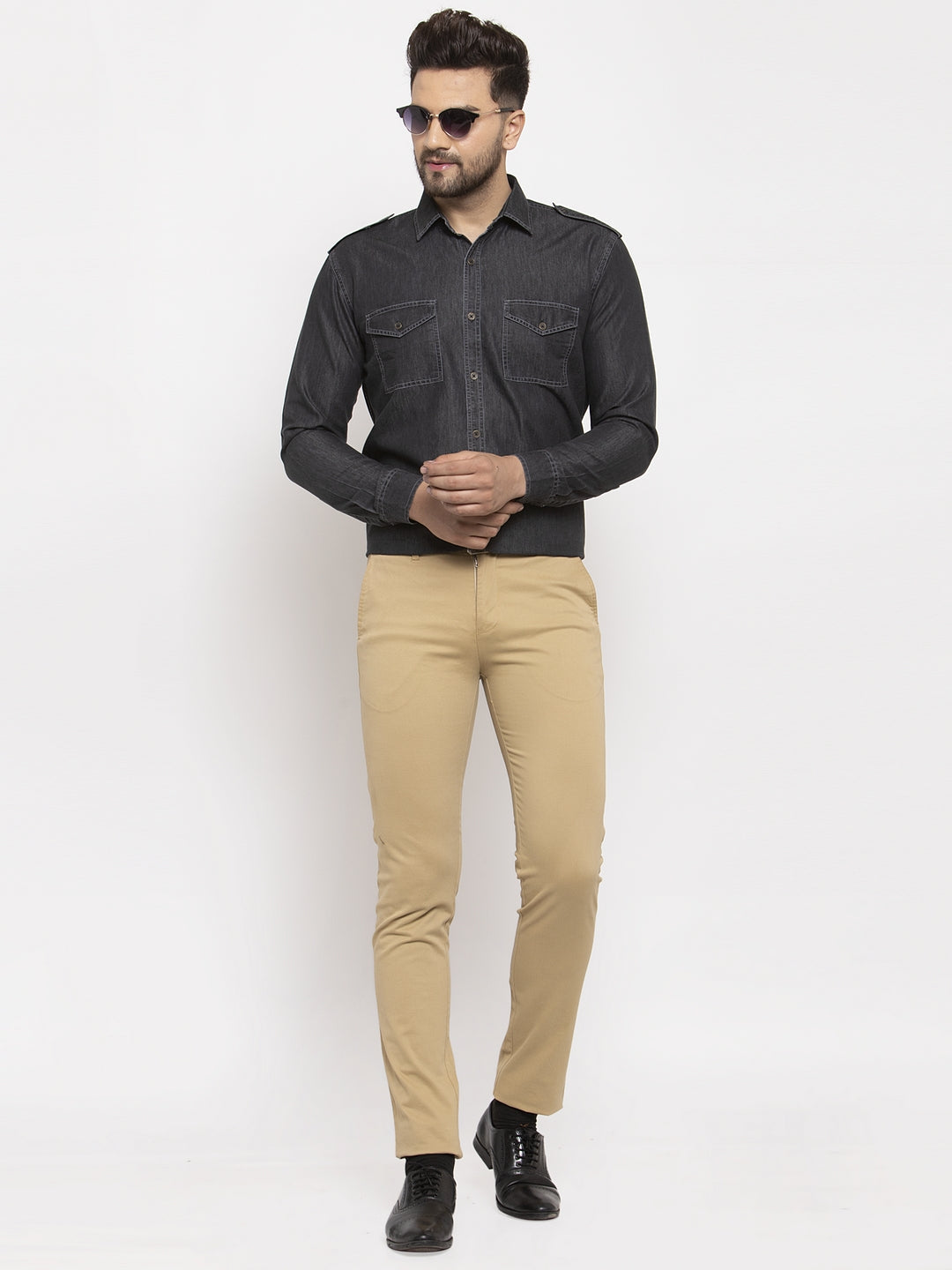Men's Black Denim Solid Formal Shirt's ( SF 763Black ) - Jainish