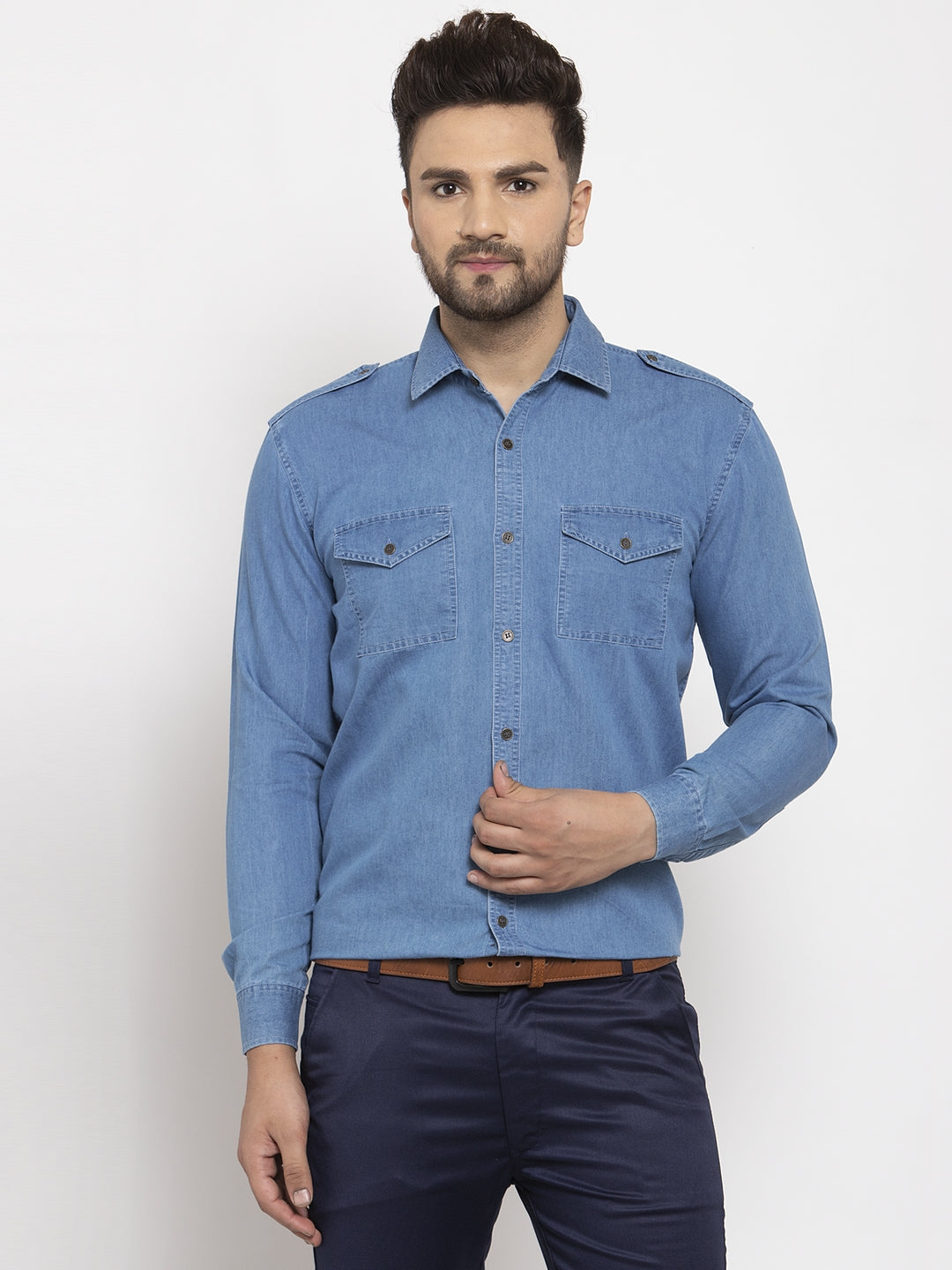 Men's Blue Denim Solid Formal Shirt's ( SF 763Blue ) - Jainish