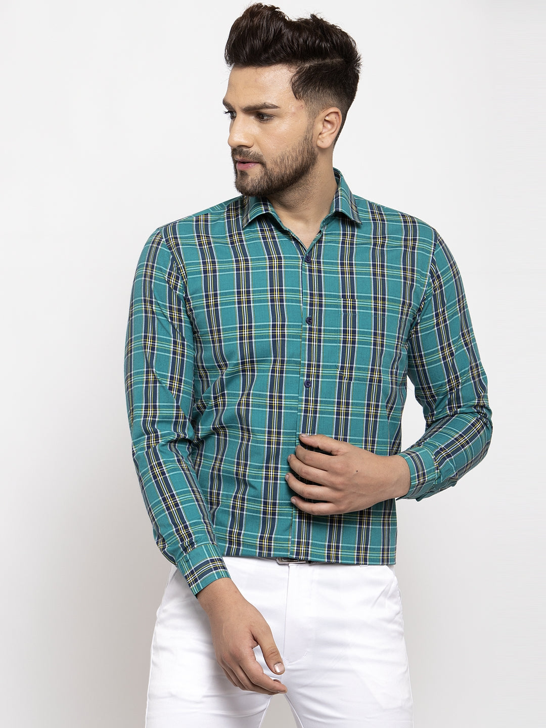 Men's Green Cotton Checked Formal Shirt's ( SF 764Green ) - Jainish