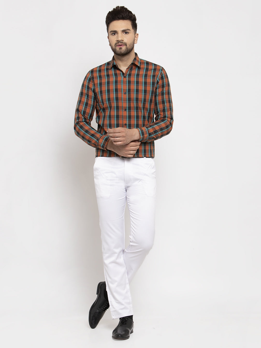 Men's Orange Cotton Checked Formal Shirt's ( SF 764Orange ) - Jainish