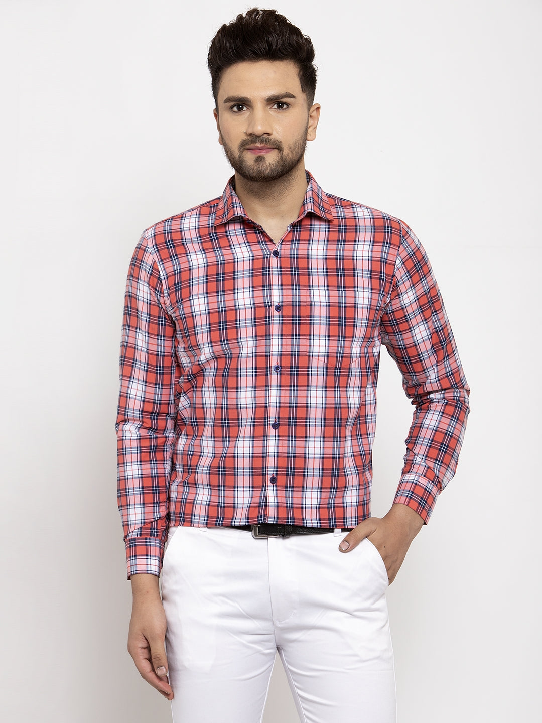 Men's Red Cotton Checked Formal Shirt's ( SF 764Red ) - Jainish