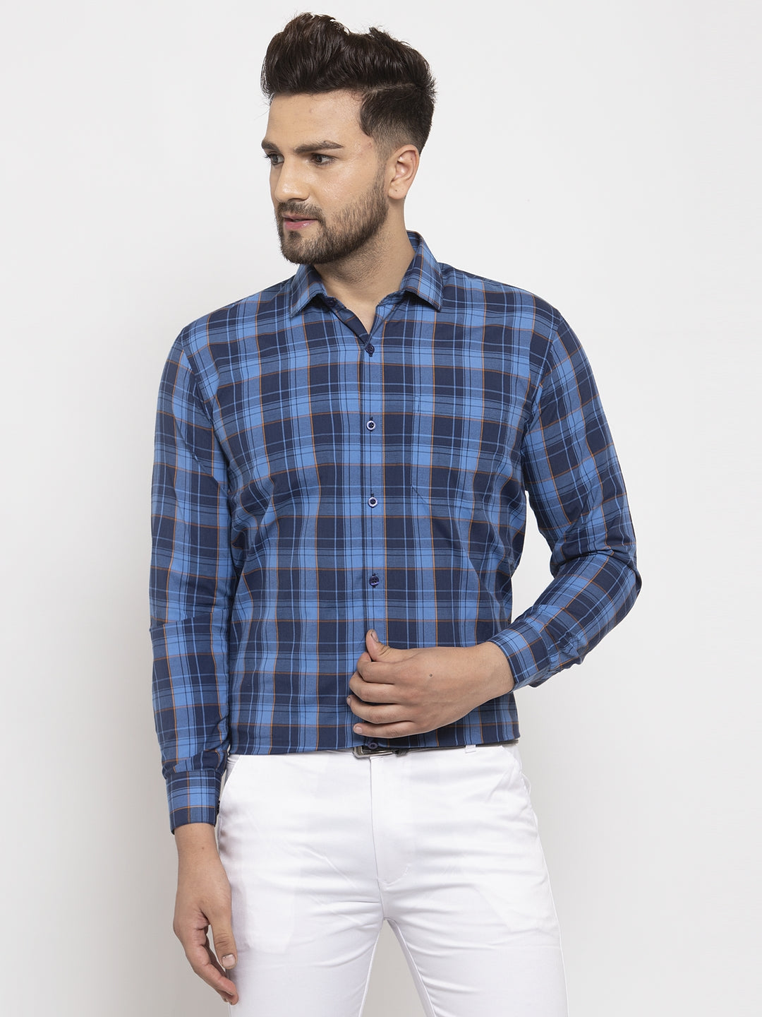 Men's Blue Cotton Checked Formal Shirt's ( SF 764Royal-Blue ) - Jainish