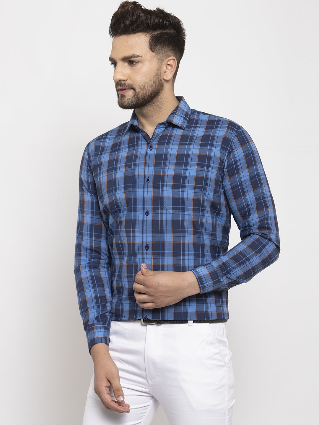 Men's Blue Cotton Checked Formal Shirt's ( SF 764Royal-Blue ) - Jainish