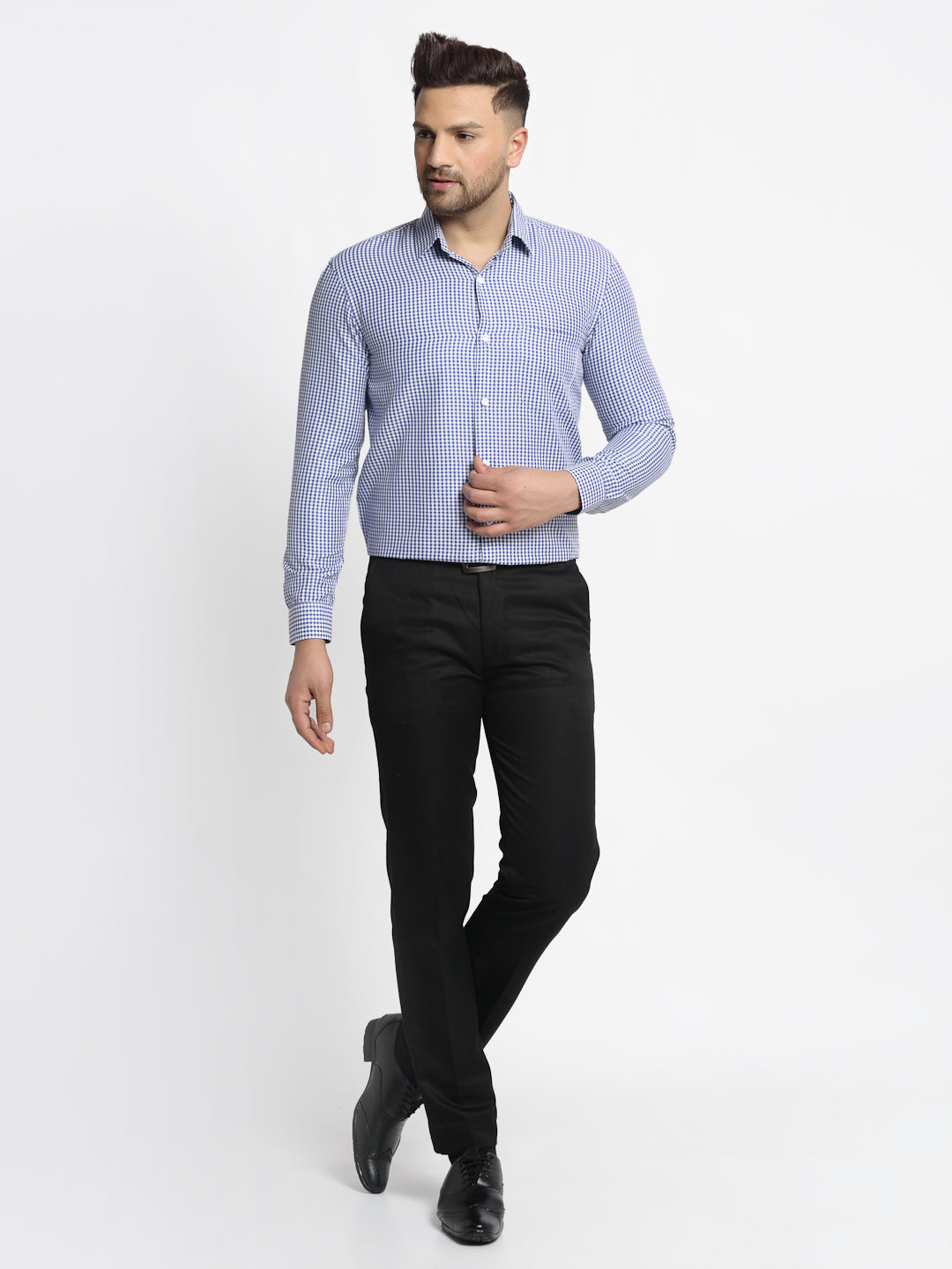Men's Blue Cotton Checked Formal Shirt's ( SF 765Blue ) - Jainish