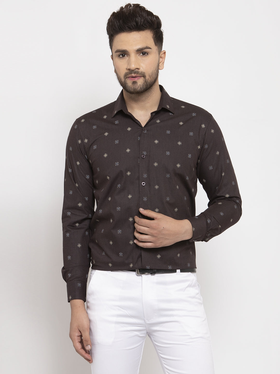 Men's Brown Cotton Printed Formal Shirt's ( SF 766Black ) - Jainish