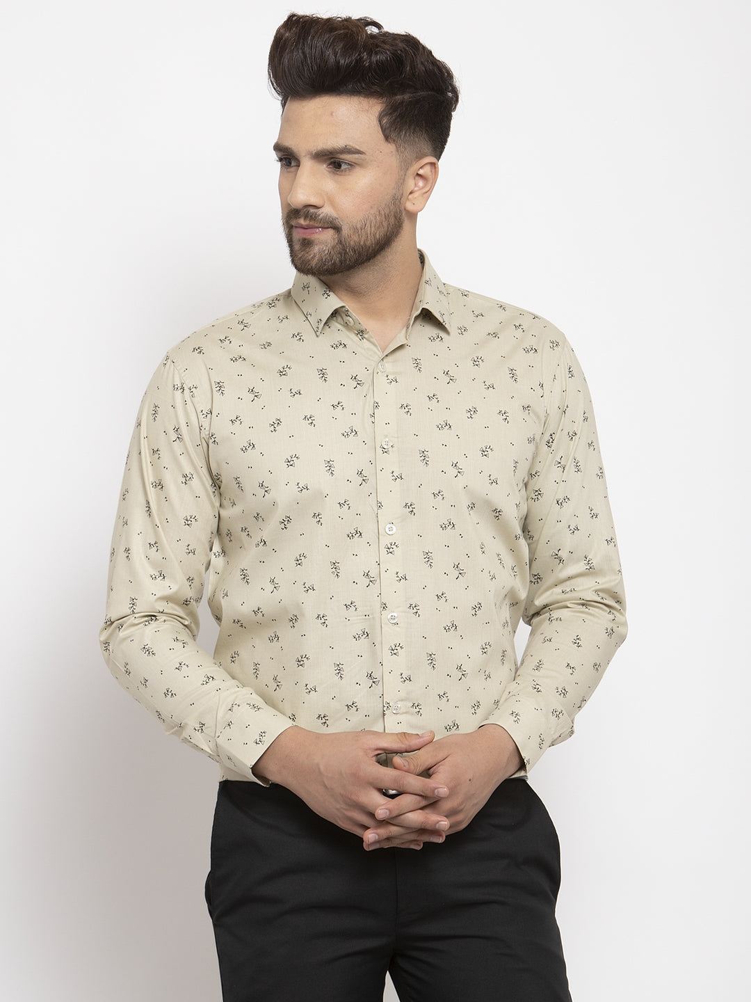 Men's Cream Cotton Printed Formal Shirt's ( SF 766Cream ) - Jainish