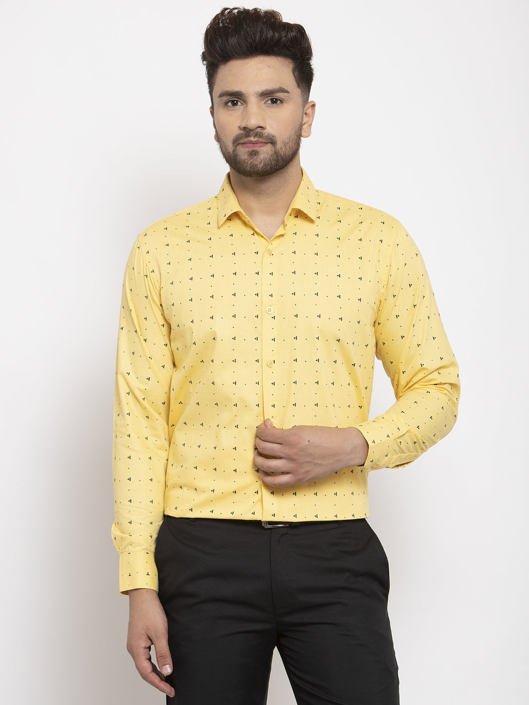 Men's Yellow Cotton Printed Formal Shirt's ( SF 766Yellow ) - Jainish