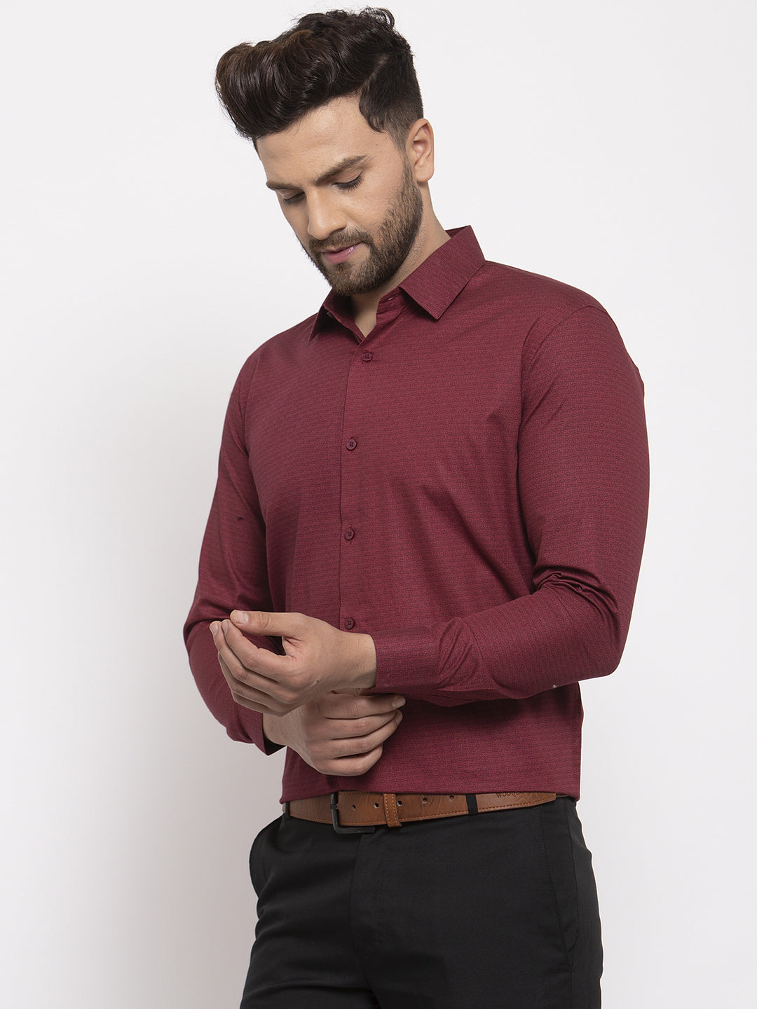 Men's Maroon Cotton Geometric Formal Shirt's ( SF 767Maroon ) - Jainish