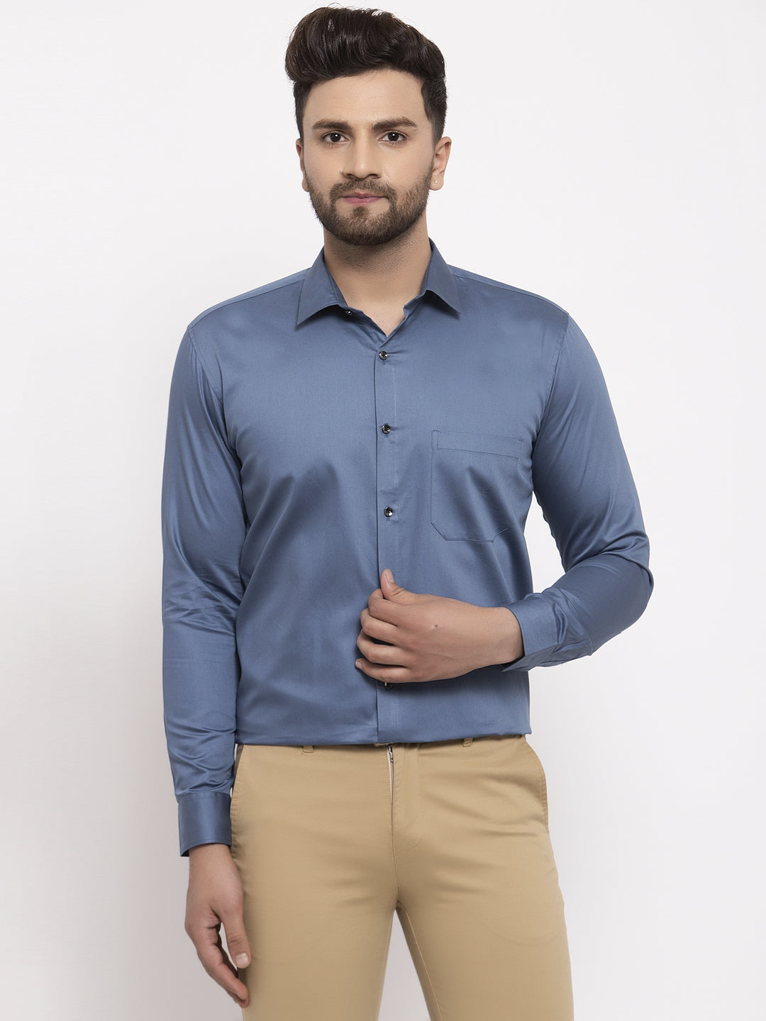 Men's Navy Cotton Solid Formal Shirt's ( SF 768Teal ) - Jainish