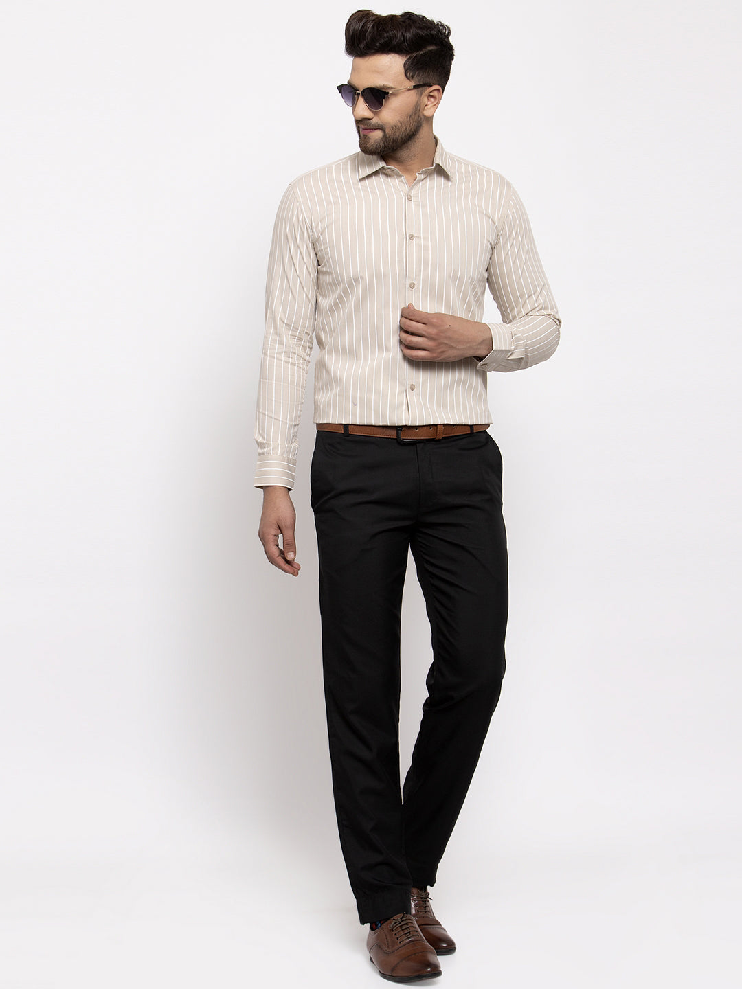 Men's Cream Cotton Striped Formal Shirt's ( SF 770Cream ) - Jainish