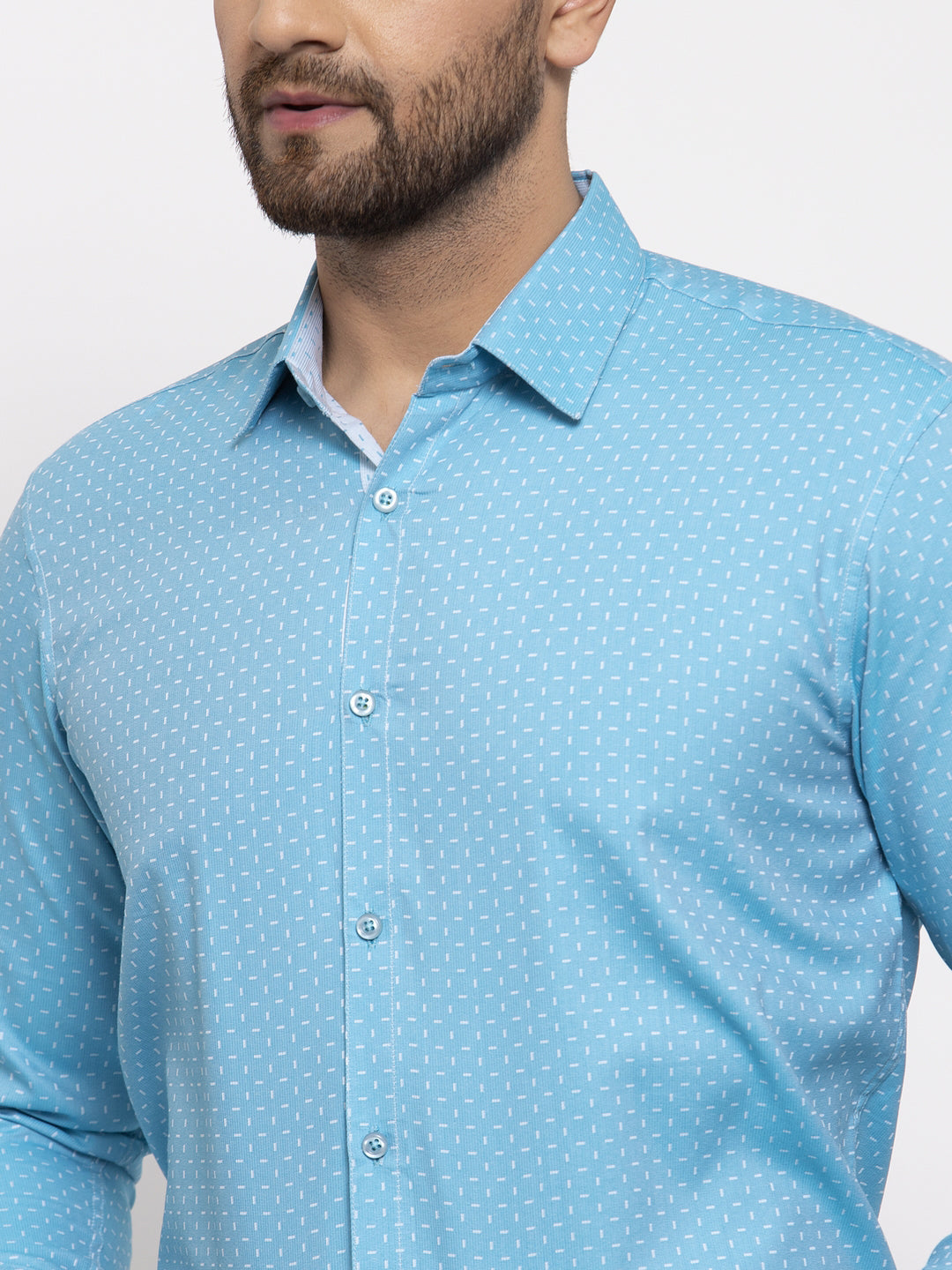 Men's Blue Cotton Printed Formal Shirt's ( SF 774Aqua ) - Jainish