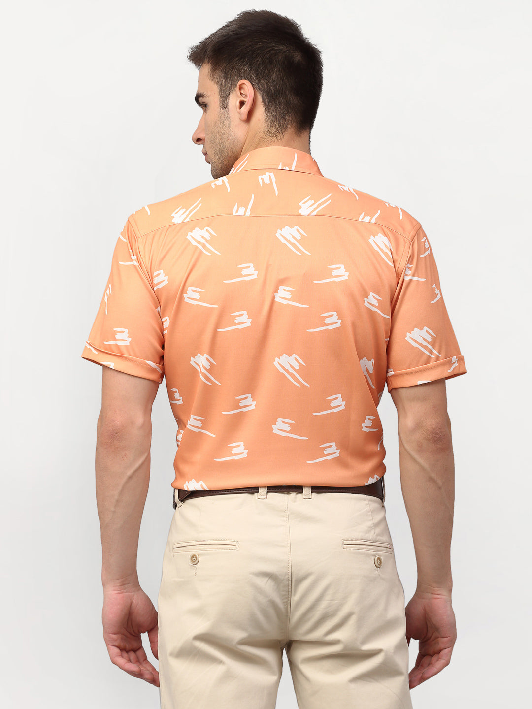 Men's Peach Printed Lycra Half Sleevess Formal Shirts ( SF 778Peach ) - Jainish
