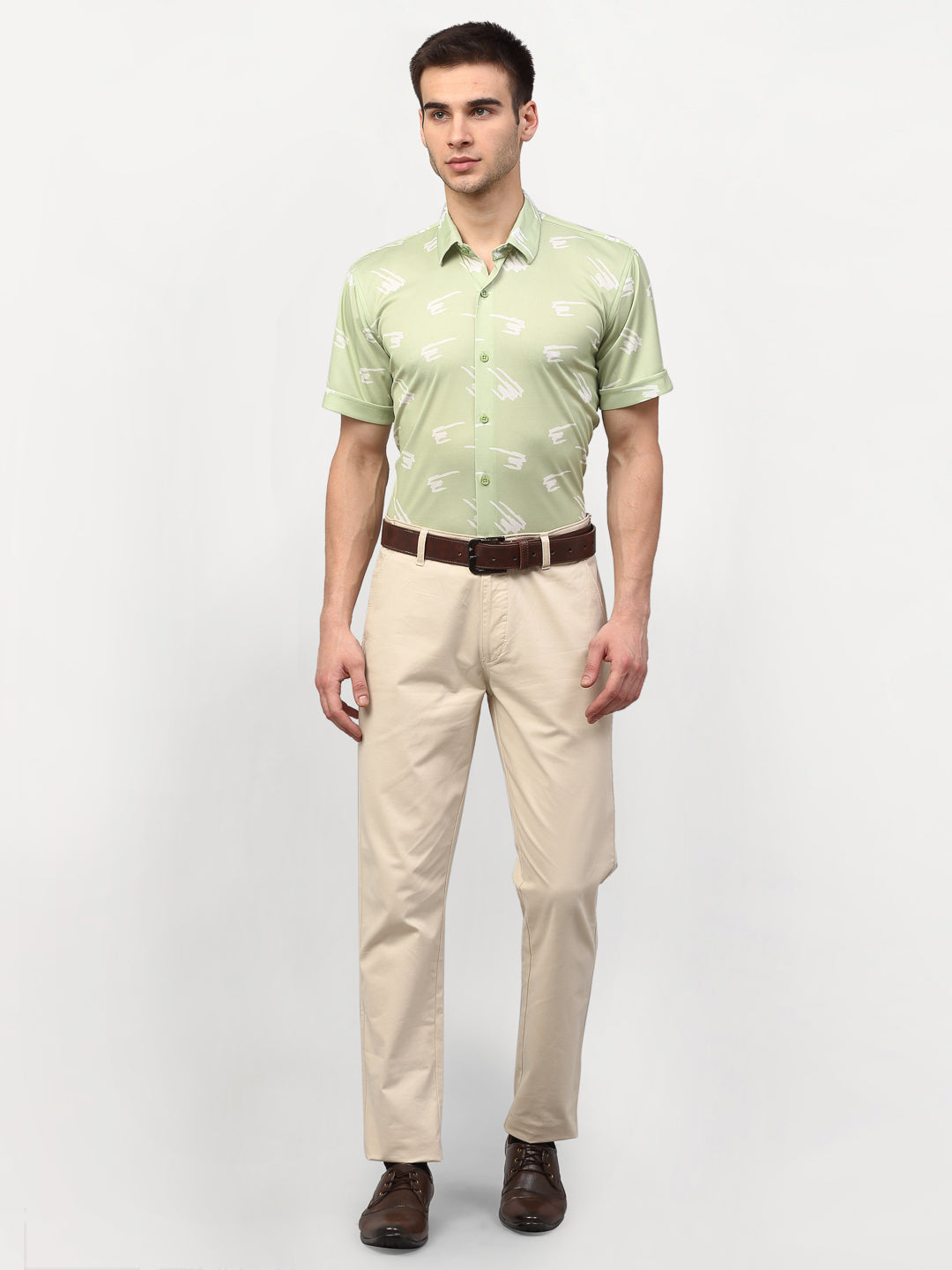 Men's Green Printed Lycra Half Sleevess Formal Shirts ( SF 778Pista ) - Jainish