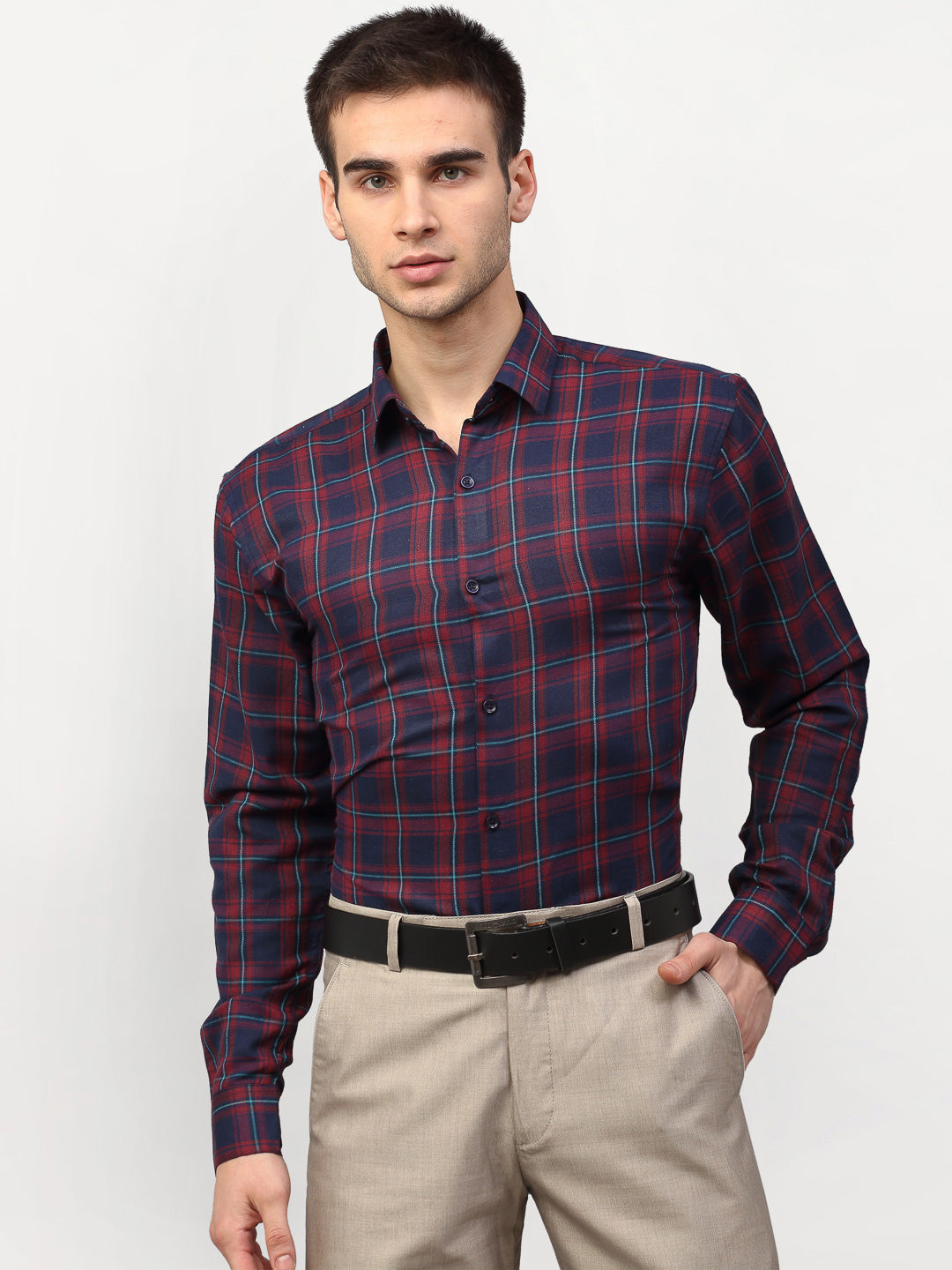 Men's Red Checked Formal Shirts ( SF 781Red-Blue ) - Jainish