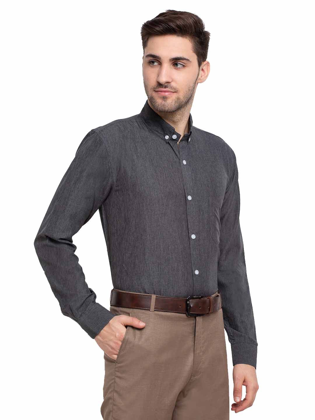 Men's Grey Melange Button Down Collar Cotton Formal Shirt ( SF 785Charcoal ) - Jainish