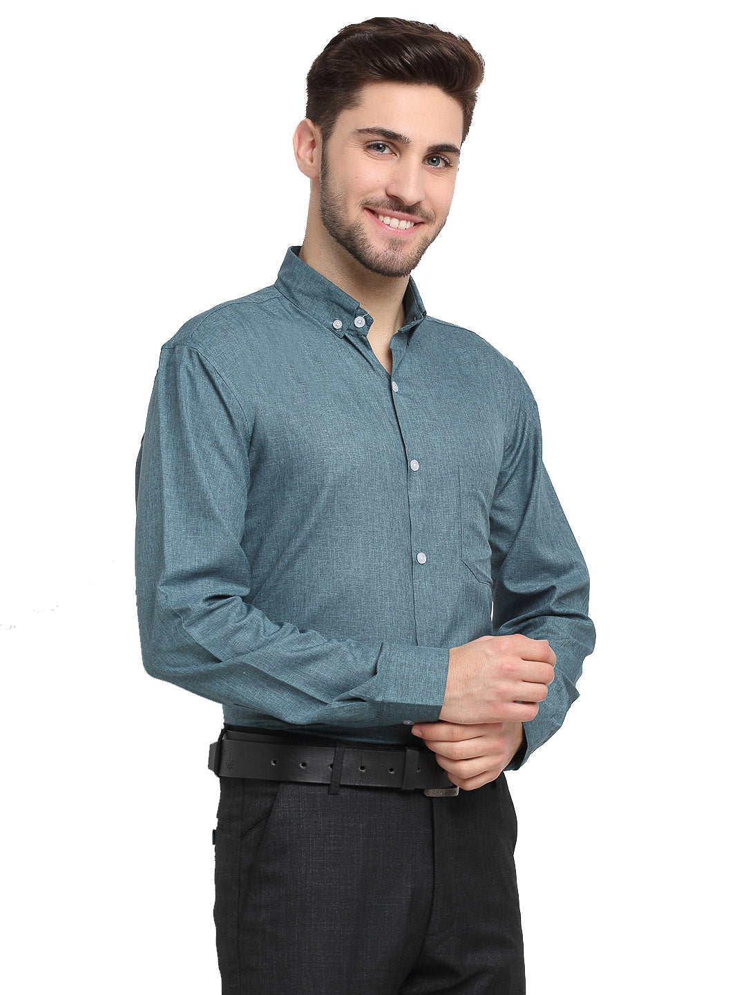 Men's Grey Melange Button Down Collar Cotton Formal Shirt ( SF 785Dark-Grey ) - Jainish