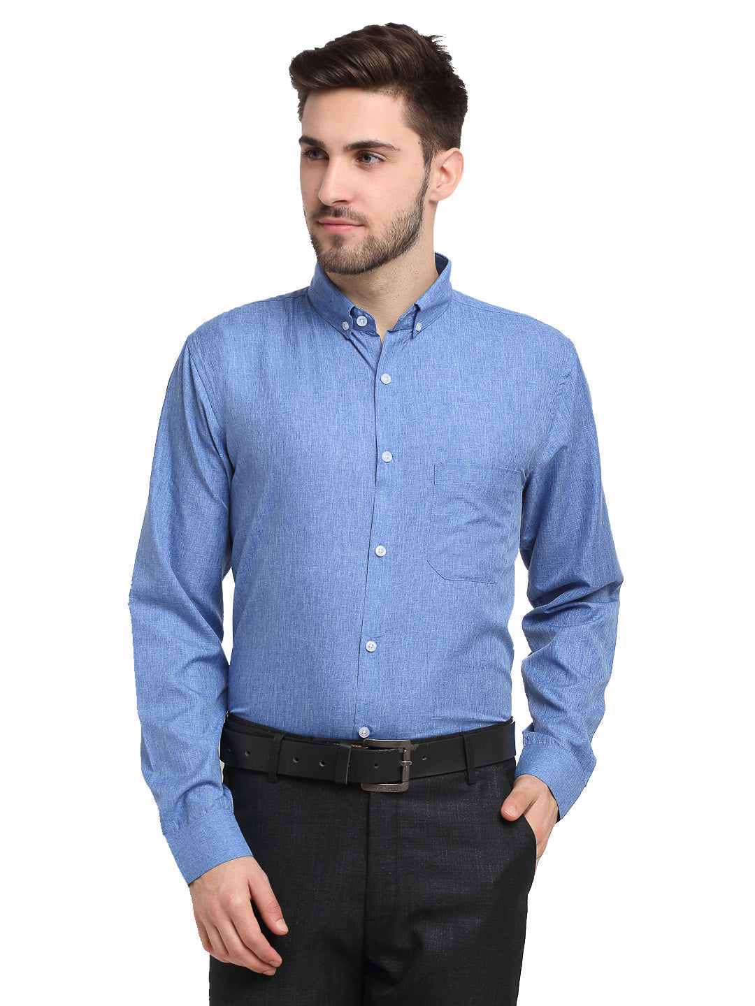 Men's Blue Button Down Collar Cotton Formal Shirt ( SF 785Light-Blue ) - Jainish