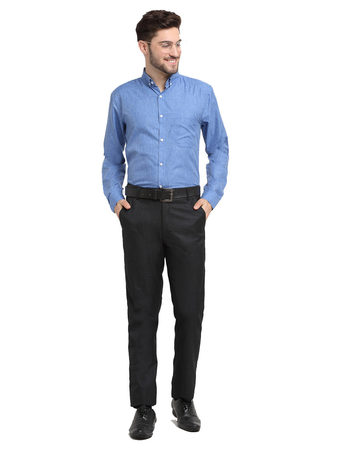 Men's Blue Button Down Collar Cotton Formal Shirt ( SF 785Light-Blue ) - Jainish