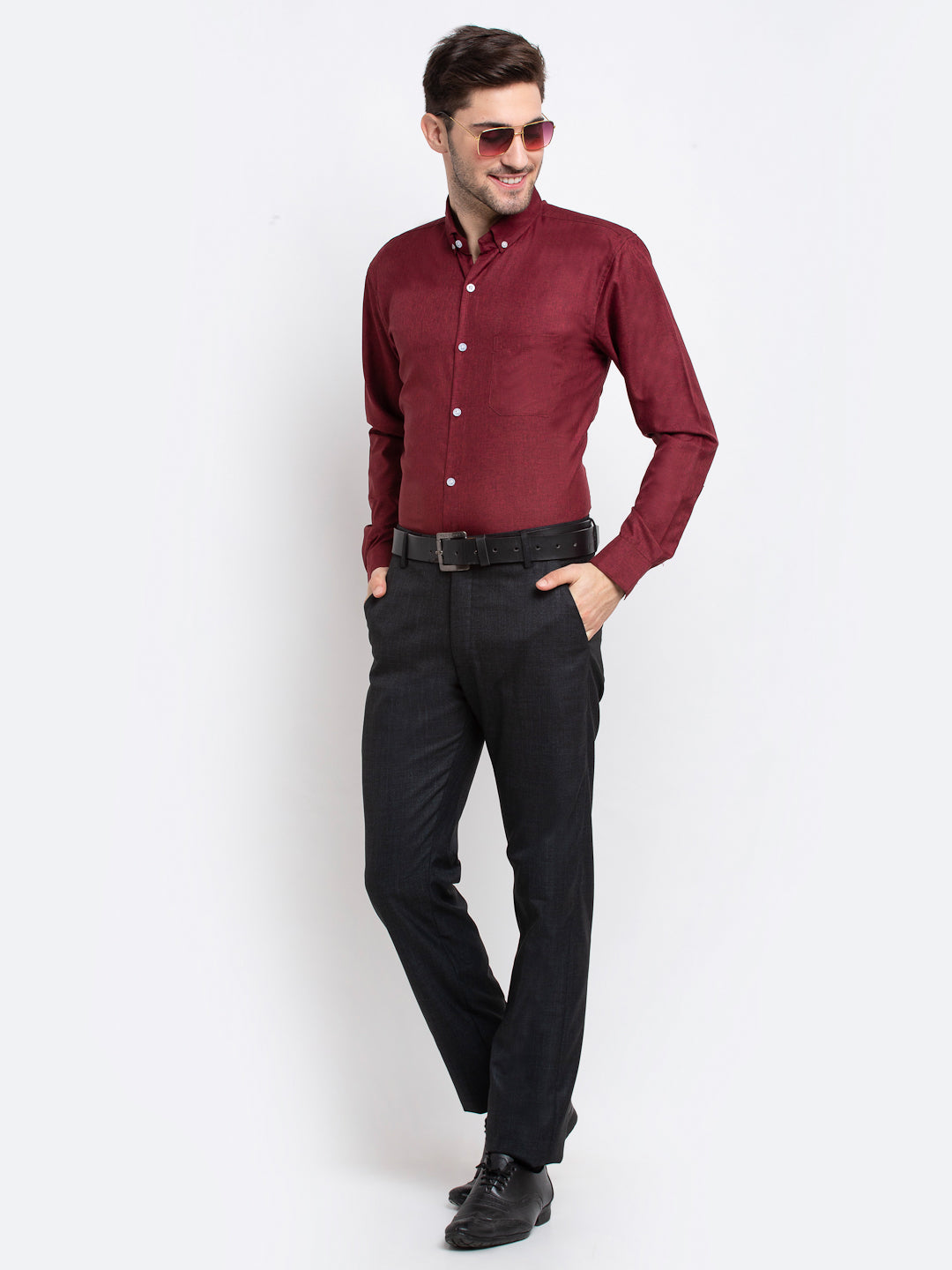 Men's Maroon Button Down Collar Cotton Formal Shirt ( SF 785Maroon ) - Jainish