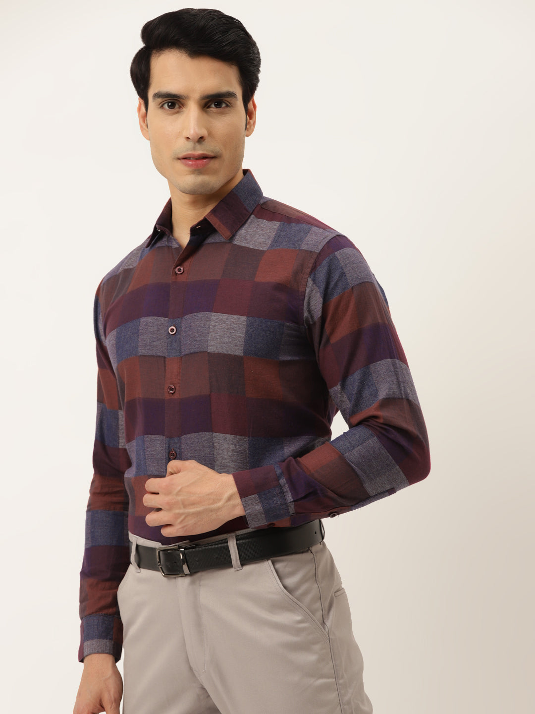 Men's Brown Formal Cotton Checked Shirt ( SF 787Brown ) - Jainish