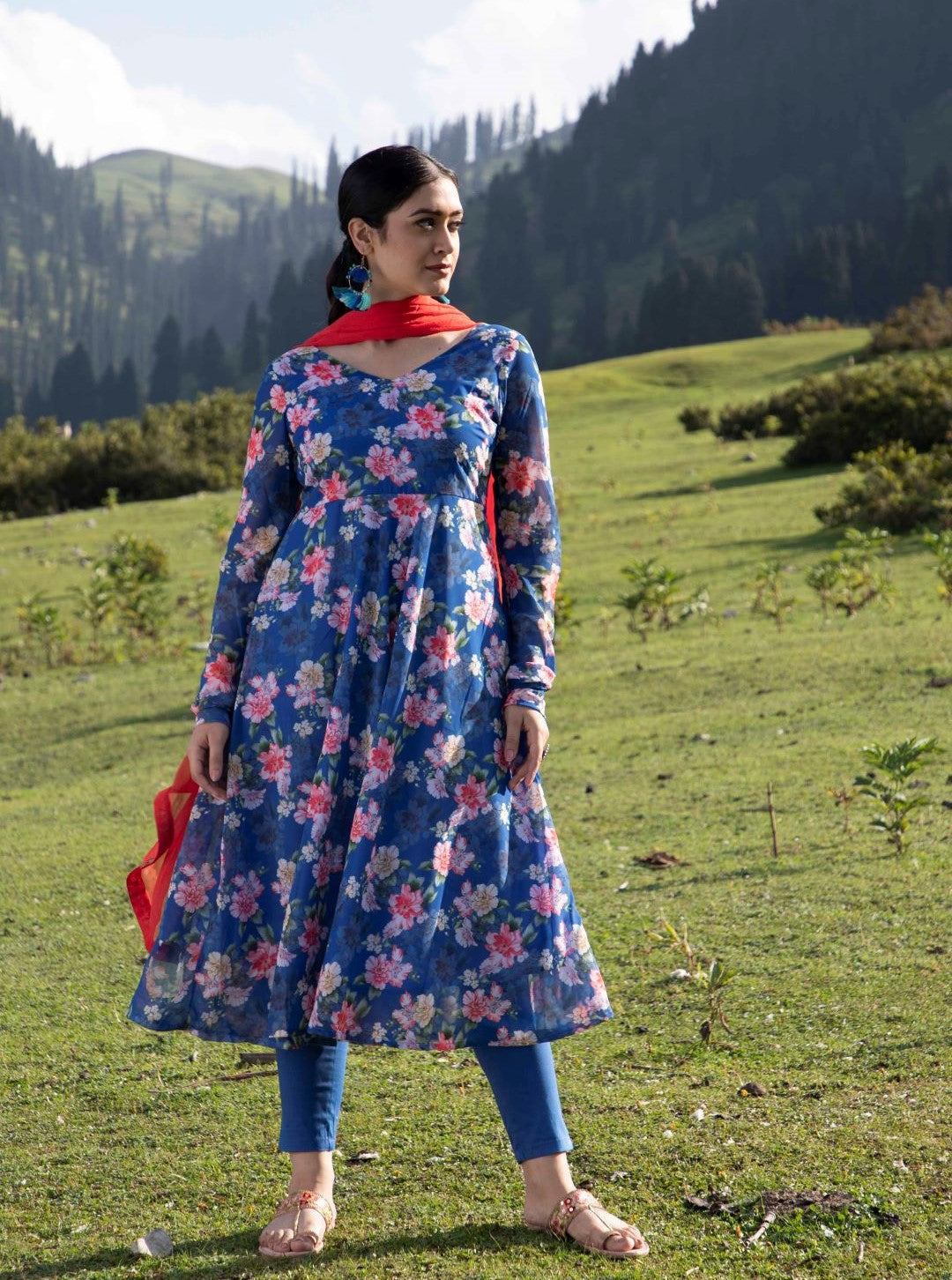 Women's Blue Floral Print Anarkali With Dupatta - Aks