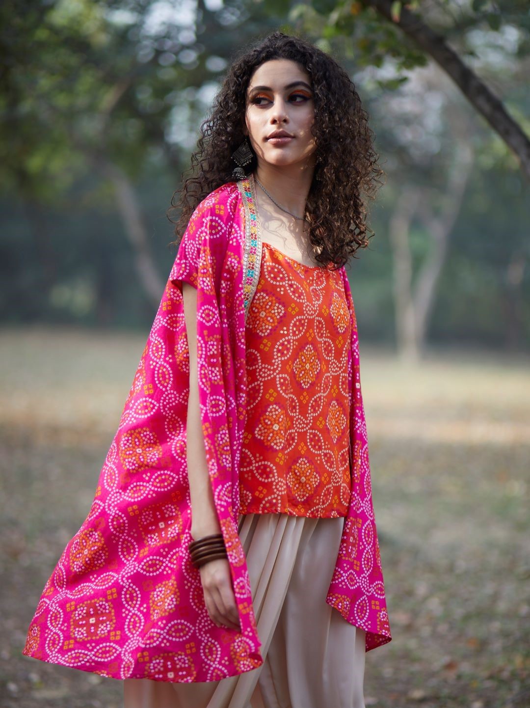 Women's Pink Bandhani Print Co Ord Set with Jacket - Aks