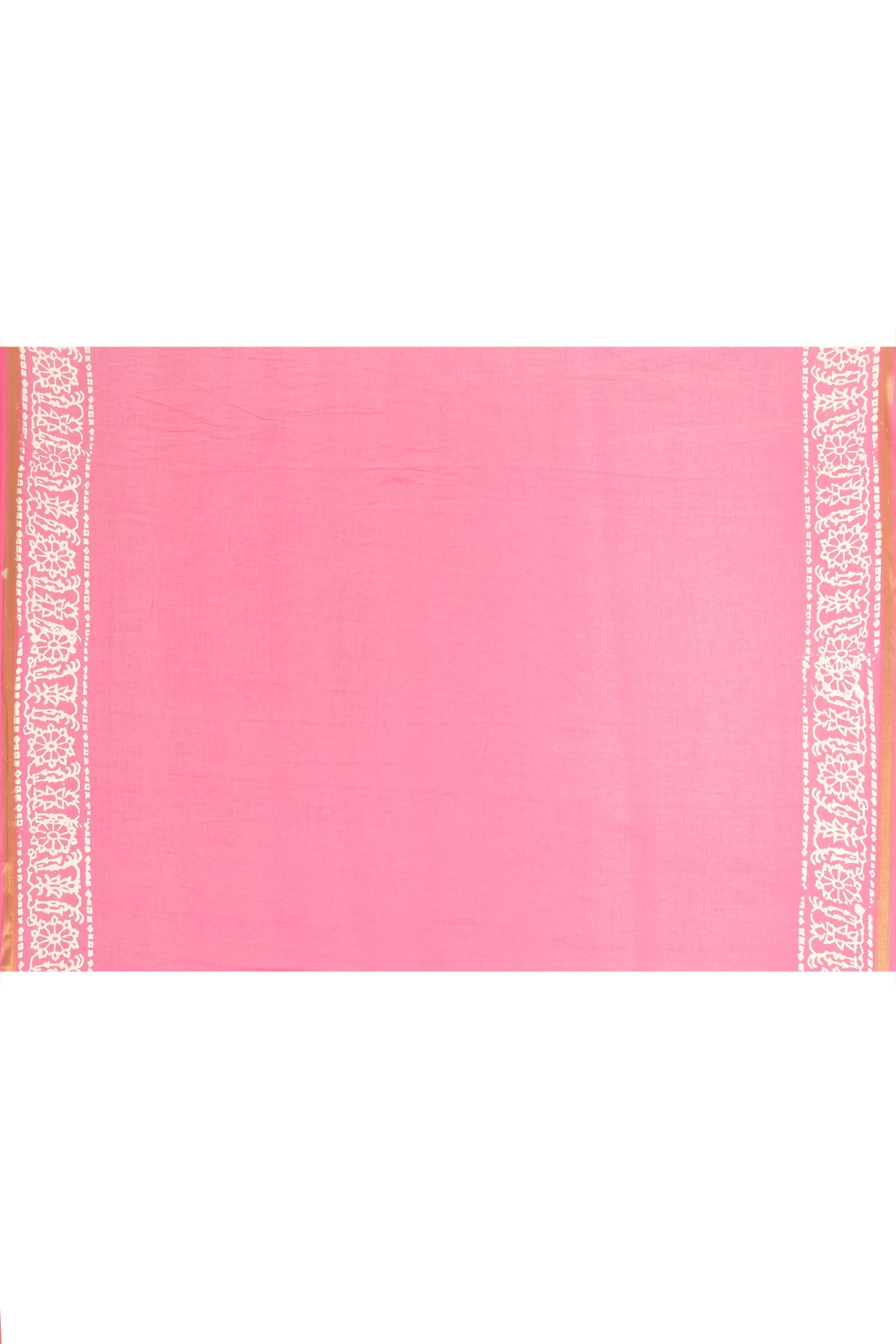 Women's Hand Block Printed Pink Cotton Mul Mul Zari Boarder Saree With Blouse - Saras The Label