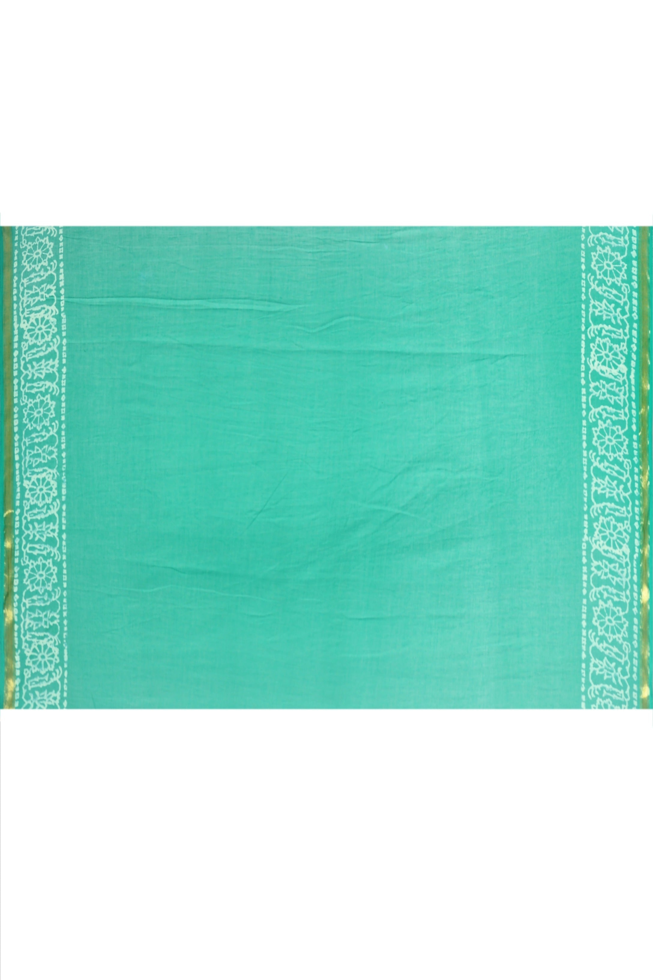 Women's Hand Block Printed Green Cotton Mul Mul Zari Boarder Saree With Blouse - Saras The Label
