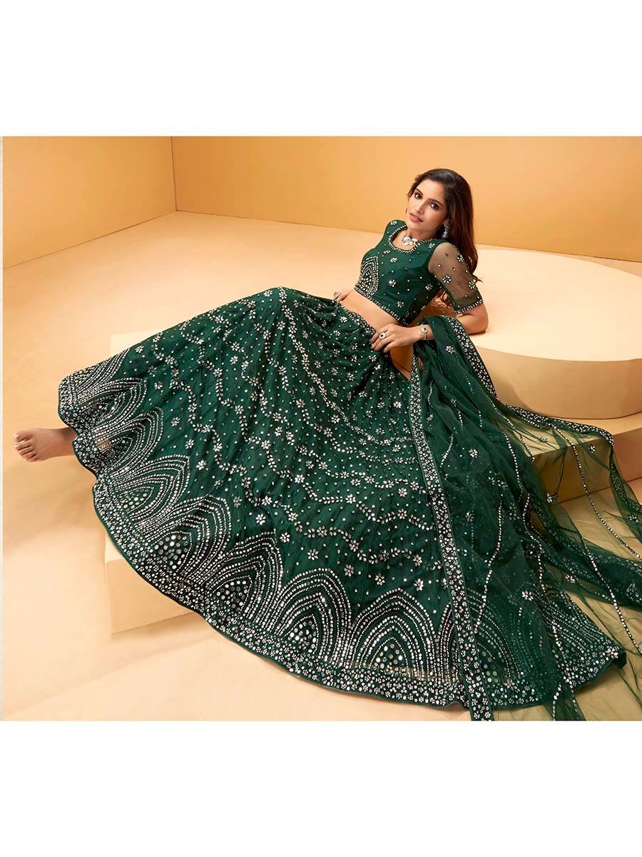 Women's Green Heavy Embroidered net Designer Lehenga-Myracouture