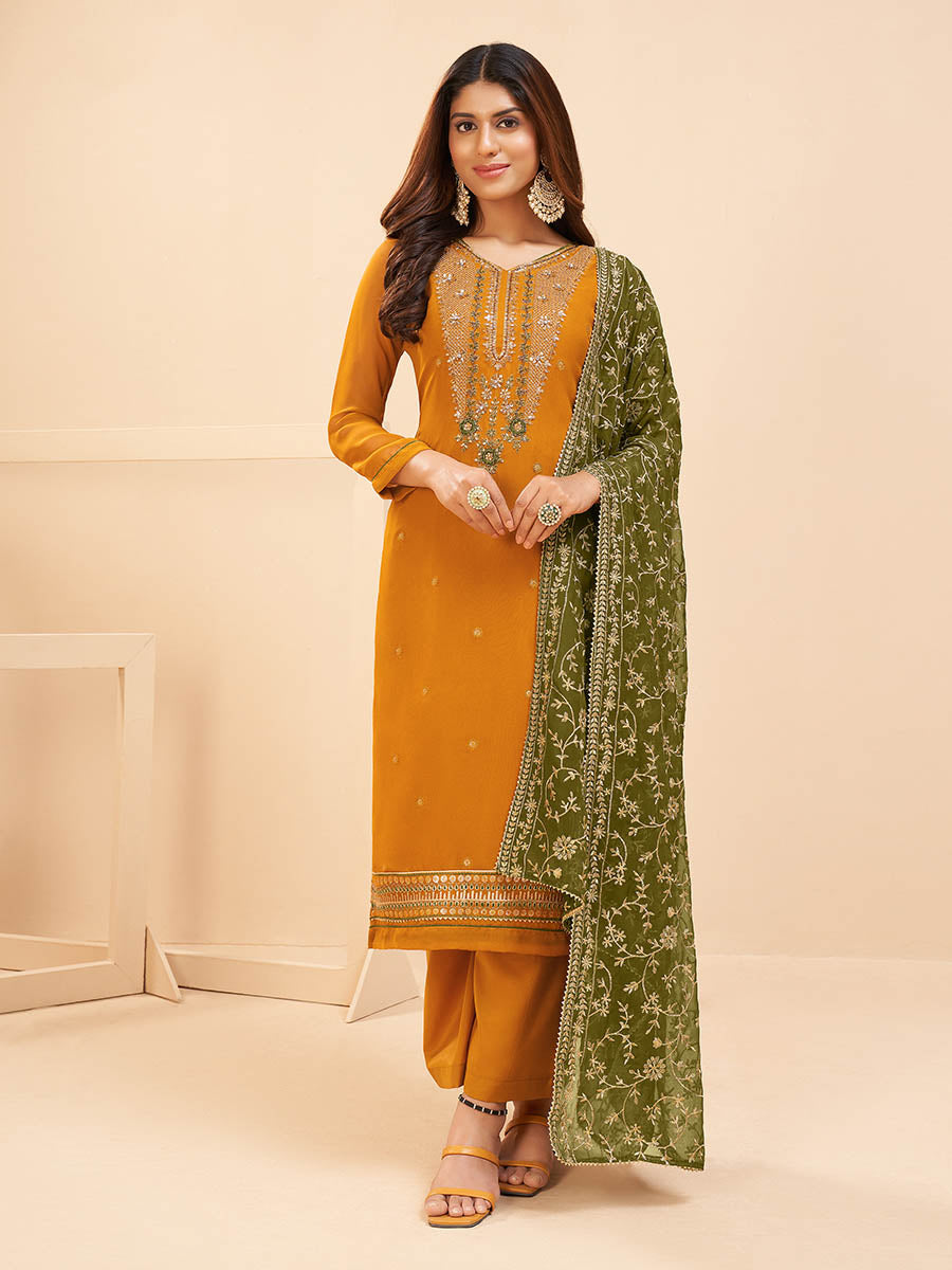 Women's Mustard Yellow Georgette Embroidered Palazzo Suit - Myracouture