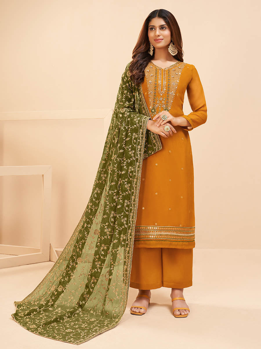 Women's Mustard Yellow Georgette Embroidered Palazzo Suit - Myracouture