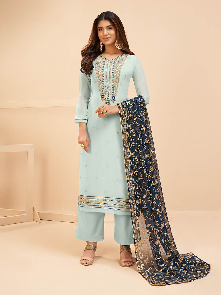 Women's Light Blue Georgette Embroidered Palazzo Suit - Myracouture