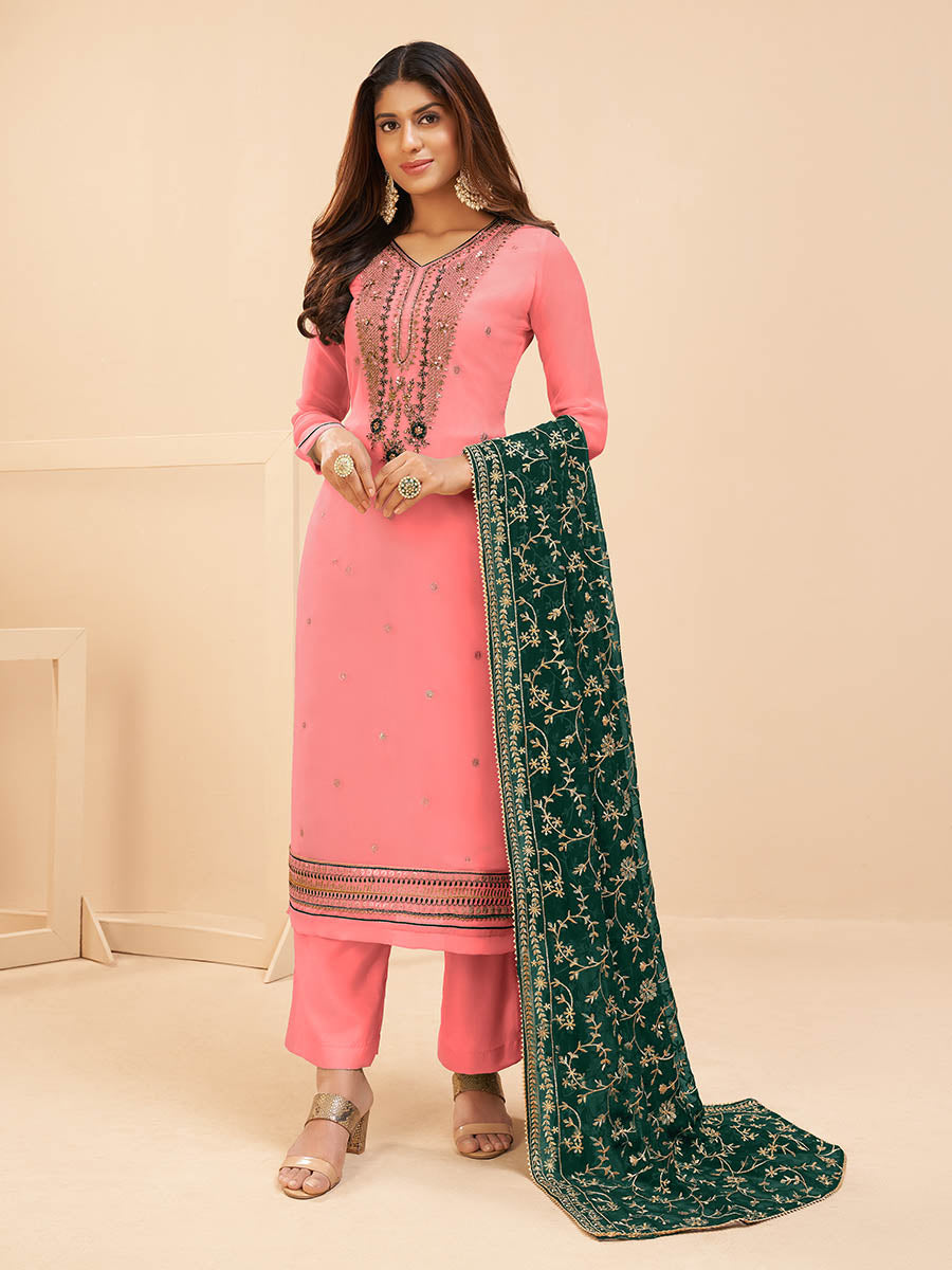 Women's Peach Georgette Embroidered Palazzo Suit - Myracouture