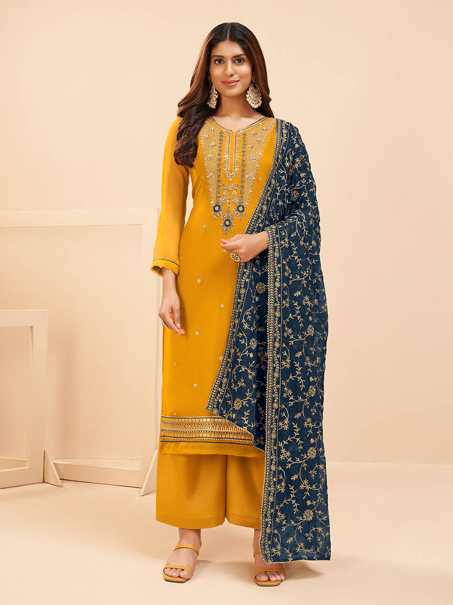 Women's Yellow Georgette Embroidered Palazzo Suit - Myracouture
